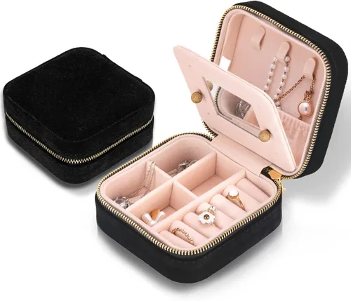 Joyero de terciopelo de viaje con espejo mini estuche de regalo para mujeres y niñas pequeñas cajas organizadoras portátiles para anillos aretes
