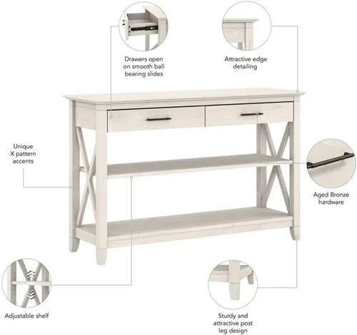 Miniatura 5 de Bush Home Key West - Mesa consola con cajones y estantes en roble blanco lino
