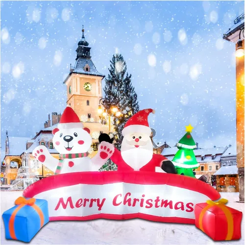 Letrero Inflable de Feliz Navidad de 10 Pies con Papá Noel, Oso Polar y Árbol de Navidad, Decoración Inflable para Exteriores con Luces LED,