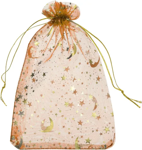 Miniatura 14 de MECCANIXITY Bolsa de organza de 3.5 x 5 pulgadas, bolsas de malla transparente de luna y estrella, bolsas de regalo con cordón, bolsa de regalo
