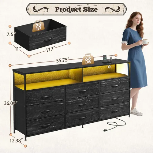 Miniatura 3 de Romorgniz Cómoda de 55 pulgadas de ancho para dormitorio con 9 cajones, soporte de TV LED con tomas de corriente para TV de 45, 55, 65 pulgadas