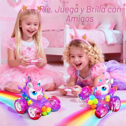 Miniatura 6 de Coches RC de unicornio para niñas, juguetes con alas de cristal brillantes y luces de ojos, rotación de 360°, auto de acrobacias de unicornio rosa