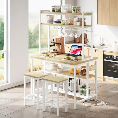 Miniatura 10 de IRONCK Isla de cocina con taburetes, estante para panadería con almacenamiento y toma de corriente, mesa de café industrial para cocina, comedor