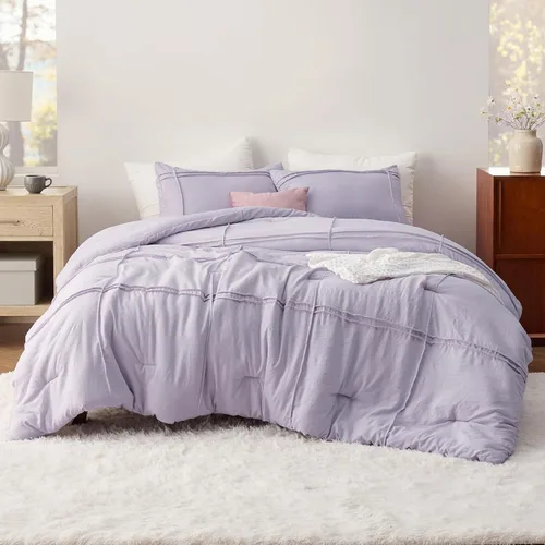 Miniatura 7 de Bedsure Juego de edredón individual con sábana, 3 piezas, suave ropa de cama color morado lavanda, plisado de rejilla, juego de cama ligero