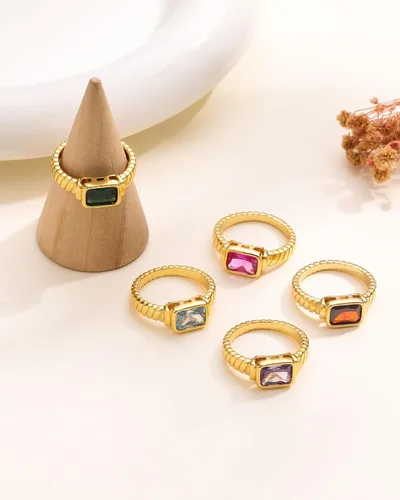 Miniatura 6 de Anillos de oro con piedra natal para mujer, no se deslustra, vintage, gruesos, esmeralda, chapados en oro de 14 quilates, con circonita cúbica