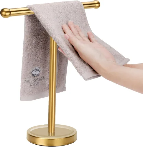 Toallero de mano dorado con base de acero inoxidable pesado, toallero en forma de T, toallero independiente para encimera para baño (oro cepillado)
