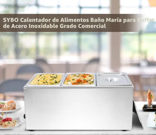 Miniatura 6 de SYBO Calentador de alimentos comercial para mesa de vapor, servidor de buffet, acero inoxidable para catering y restaurantes, calentador eléctrico