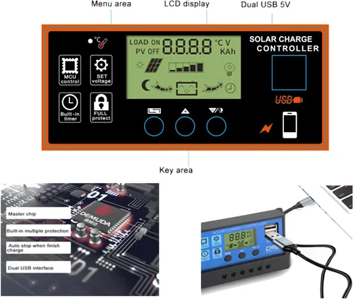Miniatura 5 de Controlador de carga solar 60A, 12V/24V, pantalla LCD, parámetro ajustable, ajuste del temporizador, USB, regulador de carga automática (negro)