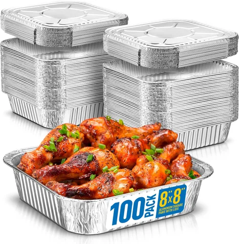 Miniatura 13 de 8x8 Sartenes desechables de aluminio con tapas - 10 unidades de sartenes de papel de aluminio para cocinar, hornear pasteles, asar y panes caseros