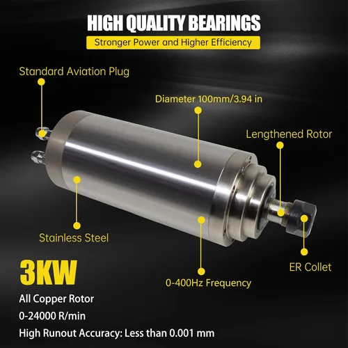 Miniatura 5 de RATTMMOTOR Husillo CNC 3KW 220V Motor de husillo refrigerado por agua 24000RPM 12A ER20 4 rodamientos 3.937 in 400HZ trifásico para fresadora CNC