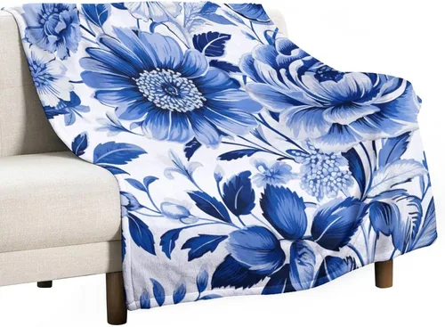 Manta azul y blanca mediterránea vintage floral de franela de forro polar, manta vintage china azul floral de 30 x 40 pulgadas, manta de regalo para
