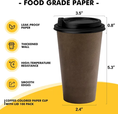 Miniatura 2 de RACETOP Tazas de café desechables de 16 onzas con tapas, paquete de 100 tazas de café de papel de color café con tapas, taza para llevar con tapa