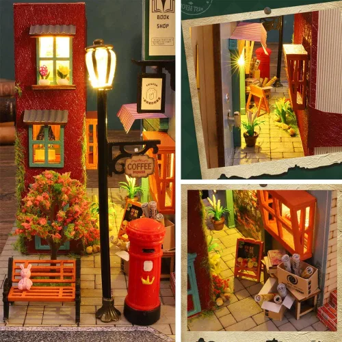 Miniatura 4 de Soporte de madera 3D para libros, rompecabezas de casa de muñecas, sujetalibros de madera, kit de construcción de rincones con luz LED