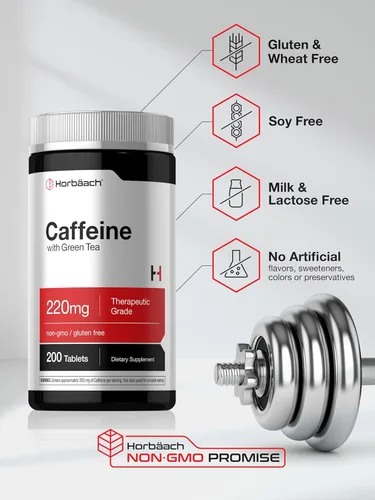 Miniatura 5 de Horbäach Píldoras de cafeína de 200 mg con té verde 200 tabletas Vegetarianas, sin OMG y sin gluten