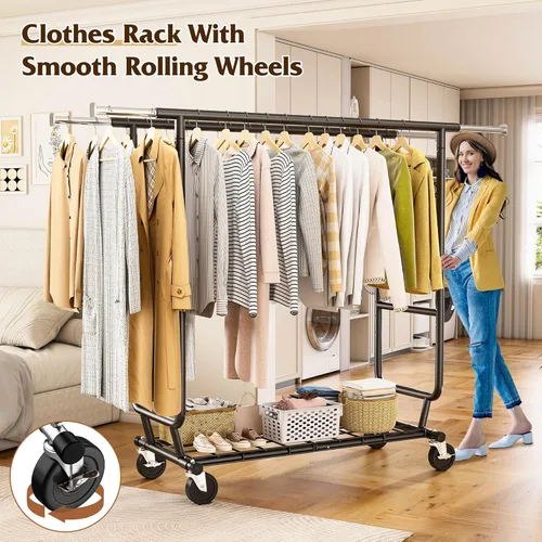 Miniatura 6 de Raybee Perchero de Ropa Carga 630LBS, Perchero de Ropa Resistente, Percheros Rodantes de Ropa para Colgar Ropa con Ruedas, Perchero de Ropa Negro