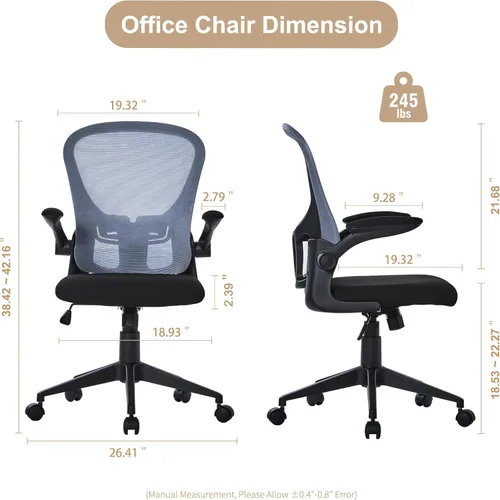 Miniatura 2 de HOOOWOOO Silla de oficina en casa de malla con reposabrazos abatible, silla de escritorio ergonómica moderna con soporte lumbar, respaldo Azul