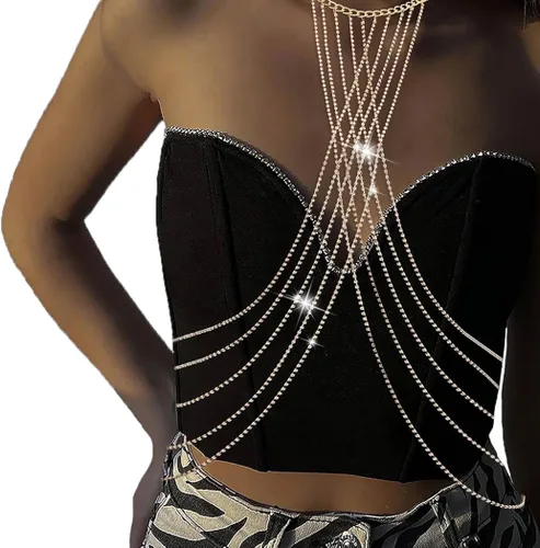 Bounzhi Arnés de cadena corporal con diamantes de imitación, cruzado, sexy, joyería para el cuerpo, collar de cadena de bikini para mujeres y niñas