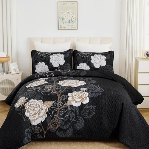 Anibedding Juego de edredón floral tamaño Queen, elegante colcha cubrecama negra con estampado floral de 3 piezas, juego de ropa de cama de
