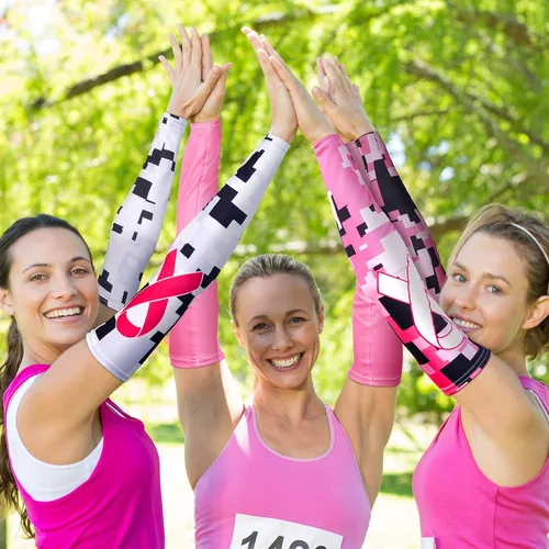 Miniatura 6 de Geyoga 4 pares de mangas de concientización sobre el cáncer de mama, mangas de compresión de enfriamiento con cinta rosa, protección UV