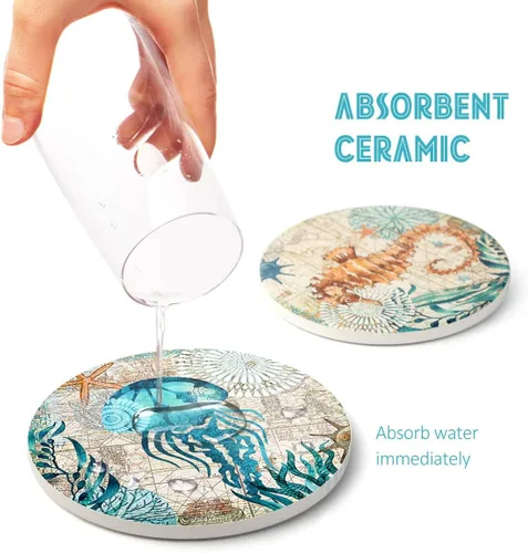Miniatura 6 de Teivio Posavasos de piedra absorbente con temática de vida marina para bebidas, base de corcho con soporte, decoración costera con tema de playa