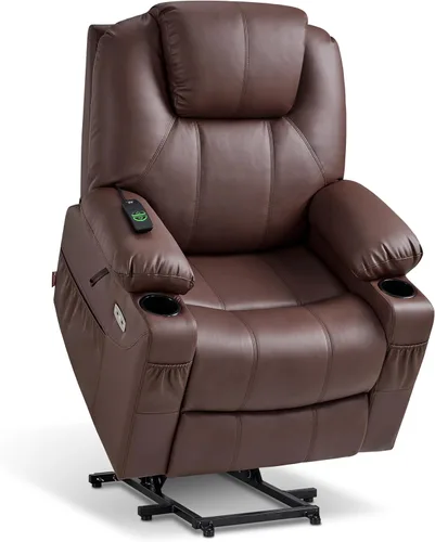 MCombo Sillón reclinable eléctrico con capacidad de elevación, masaje y calor para ancianos, 3 posiciones, 2 bolsillos laterales y portavasos,