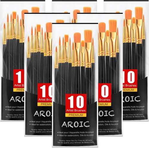 Miniatura 11 de AROIC Pinceles de pintura acrílica, 6 paquetes/60 piezas, juego de pinceles de nailon para pintura al óleo para acuarela, kits profesionales de Rosa