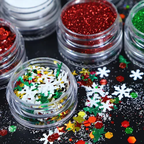 Miniatura 5 de Dijes de uñas de Navidad con purpurina en polvo rojo y verde para uñas, lentejuelas, holográfico, blanco, diamante, hielo, aurora, azúcar, arena