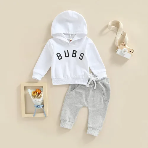 Miniatura 169 de Ropa de bebé niño 3 6 9 12 18 24M 3T Conjunto de pantalones con capucha patchwork sudadera con capucha pantalones de rayas traje de otoño invierno