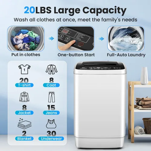 Miniatura 3 de Nictemaw Lavadora portátil de 20 libras, lavadora de carga superior completamente automática de 2.8 pies cúbicos con 4 programas, 4 niveles de agua