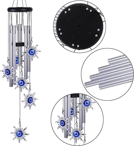Miniatura 2 de Campanillas de viento azules con ojo maléfico para decoración exterior, atrapavientos móvil con sol y ojo maléfico, campanas de viento con sol y ojo