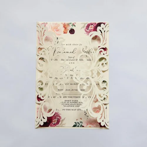 Miniatura 10 de 25 piezas de tarjetas de invitaciones de boda cortadas con láser con purpurina verde con sobres, hojas interiores en blanco, cintas