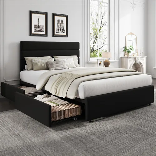 Miniatura 11 de WLIVE Base de cama tapizada tamaño Queen con 4 cajones de almacenamiento y cabecero, marco de cama de plataforma de terciopelo, soporte de listones