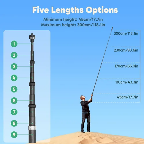 Miniatura 2 de AKASO Palo selfie invisible de 118"/3 m, poste de extensión de fibra de carbono para Insta360 X5/X4/X3, DJI Osmo 360, GoPro Hero 13/12/11, AKASO