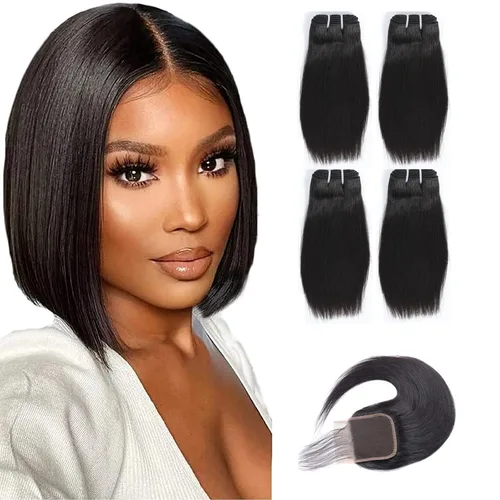 Miniatura 22 de Paquetes de cabello humano corto de 8 pulgadas 10A, pelo brasileño lacio virgen 100% cabello humano liso sin procesar, 4 paquetes 50g/Und