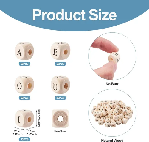 Miniatura 7 de KISSITTY 250 cuentas de madera con letras vocales de 0.472 pulgadas, cubo A E I O U inicial del alfabeto con agujero grande, cuentas espaciadoras