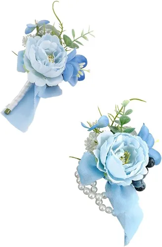 Ansofi Juego de ramillete de peonía y boutonniere azul claro, pulseras de ramillete de flores artificiales para graduación, pulsera de ramillete de