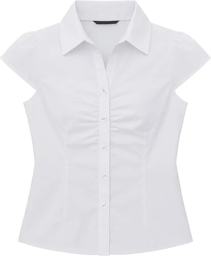 Miniatura 6 de SUNNOW Blusa plisada de manga corta con botones en el pecho para mujer, blusa casual
