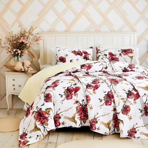 Tache - Juego de colcha acolchada reversible con diseño floral rojo y blanco, diseño de colibríes dorados, color borgoña, marfil, antiguo, granja,