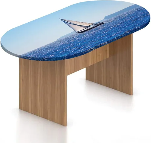 Mantel ovalado de poliéster con bordes elásticos en el océano, diseño de velero mediterráneo azul en San Antonio, con estampado de cabo, se adapta a