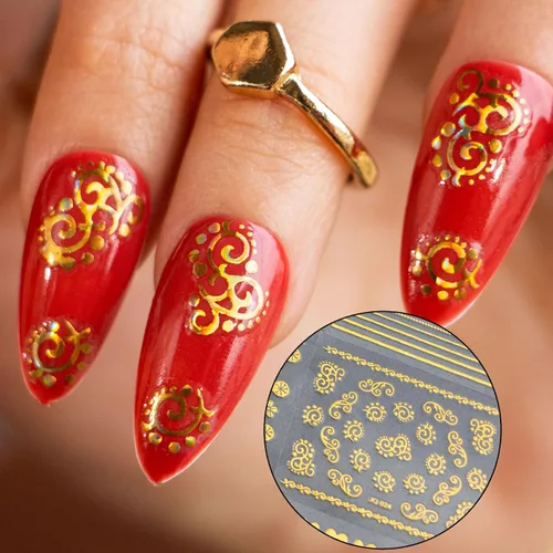 Miniatura 3 de 30 hojas de calcomanías de arte de uñas doradas, autoadhesivas 3D, calcomanías de diseño de uñas, gotas de agua, línea de flores, estrellas