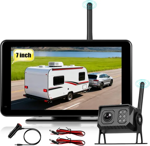Cámara de respaldo inalámbrica para camiones, cámara de respaldo inalámbrica con monitor HD de 7 pulgadas, pantalla dividida de 4 canales, alerta