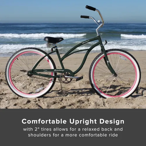 Miniatura 5 de Sixthreezero Urban Lady Beach Cruiser - Bicicleta híbrida de 3 velocidades para mujer Verde militar con llantas rosadas con asiento negro/puños
