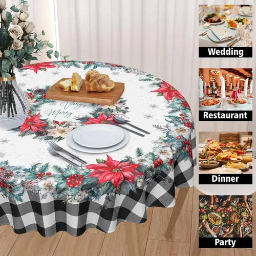 Miniatura 4 de Mantel de Navidad de Pascua redondo de 60 pulgadas, diseño de copos de nieve de búfalo negro, lavable, resistente a las arrugas, resistente a
