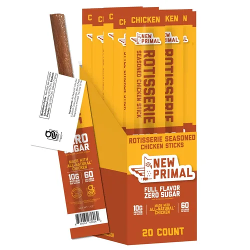 New Primal Palitos de Pollo Rotisserie, Snack Alto en Proteína Sin Azúcar, Snacks Saludables Sin Gluten Whole30, Apto para Keto y Paleo, Palito de