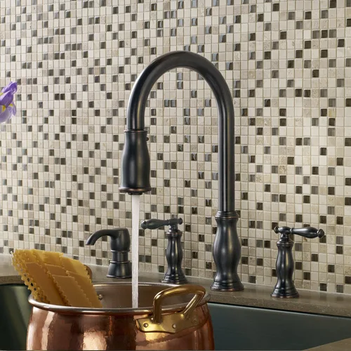 Miniatura 7 de Pfister Hanover - Grifo de cocina con rociador desplegable y dispensador de jabón, 2 mangos, 4 agujeros, arco alto, acabado en bronce toscano