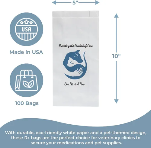 Bolsa con receta de papel blanco con temática de mascotas con logotipo de stock "Providing the Greatest Of Care One Pet At A Time" - Bolsas de papel