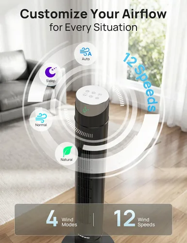 Miniatura 18 de ZAFRO Ventilador de torre inteligente para dormitorio, ventilador de torre oscilante de 120°, 28 pies/s de alta velocidad, 12 velocidades, 4 modos