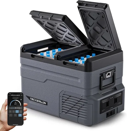 TECXERLLON Refrigerador eléctrico de doble zona para automóvil de 12 voltios, congelador portátil de 40 cuartos de galón con control de APP,