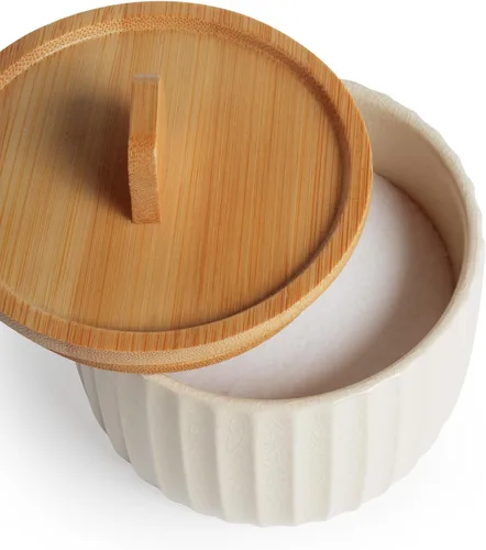 Miniatura 5 de Recipiente de sal con tapa de bambú, cuencos de cerámica de gran capacidad de 14 onzas, caja de pimienta, recipiente de condimentos de esmalte Crema