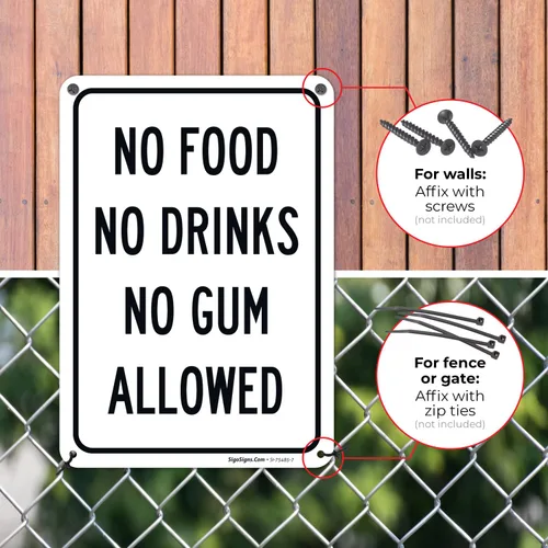 Miniatura 4 de Letrero de No Food No Drinks No Gum Allowed, 10 x 7 pulgadas, libre de óxido, aluminio 040, resistente a la decoloración, fabricado en Estados